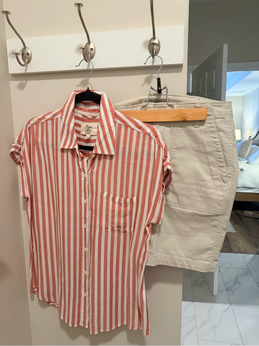 Striped Coral and White Button-Up Shirt and khaki skirt